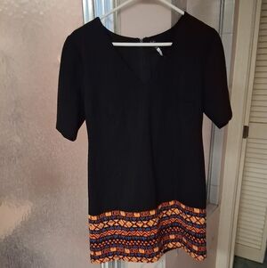 Plenty by Tracy Reese Black Dress With Orange Aztec Border 4 Petite